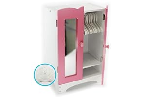 Matty's Toy Stop 18 Inch Doll Furniture Pink/White Wooden Armoire Closet with 10 Hangers - Fits American Girl Dolls