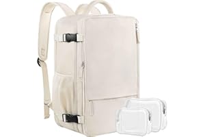 Sinaliy Travel Backpack for Women, Expandable 40L Carry on Flight Approved Backpack, 17 Inch Laptop Waterproof Travel Bag for College, Travel, Work, Beige