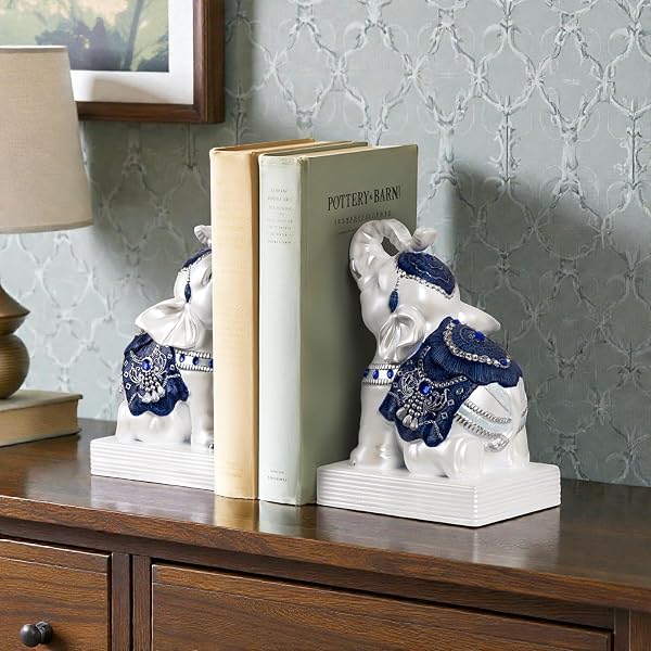 MXARLTR ELEPHANT BOOKENDS FOR SHELVES, DECORATIVE BOOKENDS, BOOK HOLDERS WITH ANTI-SLIP PAD FOR BOOK LOVERS HEAVY BOOK STOPPER FOR HOME OFFICE DECOR (BLUE&WHITE)