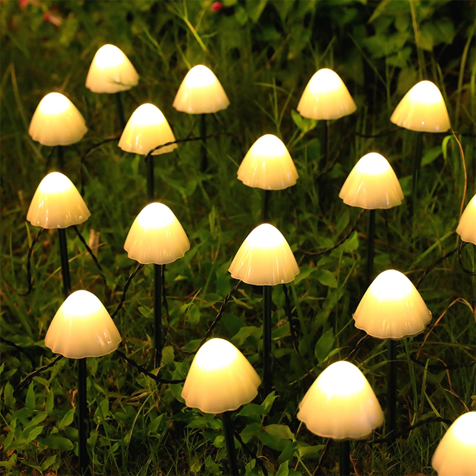 JZK Solar Fairy Lights Outdoor 12 LED Mushroom Garden Lamp and 3.8M String Lights - 8 Modes of Warm White Waterproof Solar Lights for Weddings, Parties and Pathways