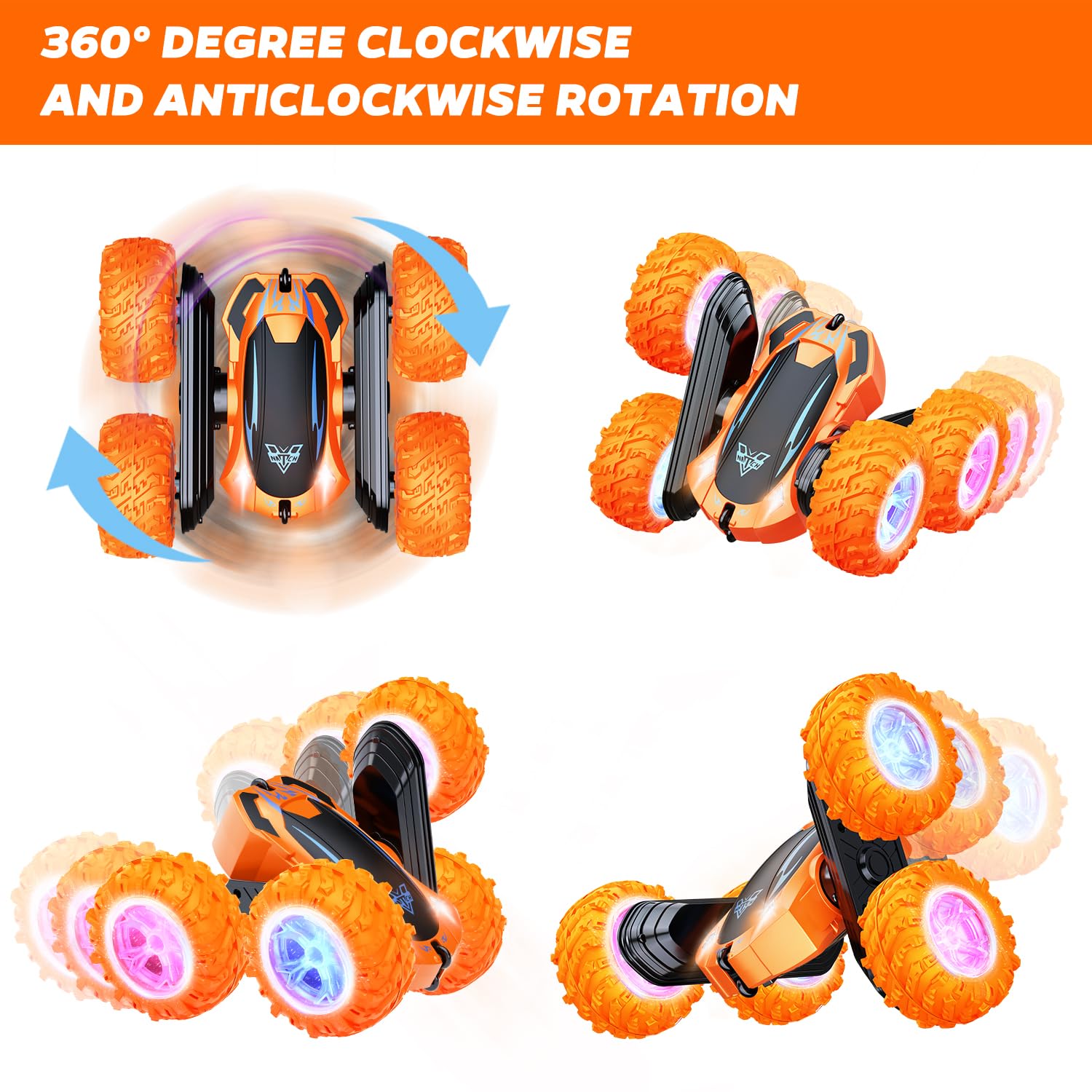 Remote Control Car, 2.4GHz Electric Race Stunt Car, Double Sided 360° Rolling Rotating Rotation, LED Headlights RC 4WD High Speed Off Road Gift for 3 4 5 6 7 8-12 Year Old Boy Toys (Orange)
