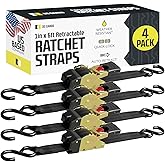 DC Cargo Mall Auto Retractable Ratchet Straps (4-Pack) 1” x 6ft, Heavy Duty, 1,522lb Break Strength – Tie Down Straps for Cargo, Truck, Trailer, Motorcycle, Boat
