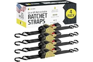 DC Cargo Mall Auto Retractable Ratchet Straps (4-Pack) 1” x 6ft, Heavy Duty, 1,522lb Break Strength – Tie Down Straps for Cargo, Truck, Trailer, Motorcycle, Boat