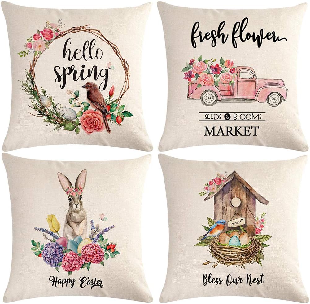 ULOVE LOVE YOURSELF Easter Pillow Case Spring Seasonal Home Decorative Throw Cushion Cover Sets 18x18 Inch,4Pack for Sofa Couch Porch
