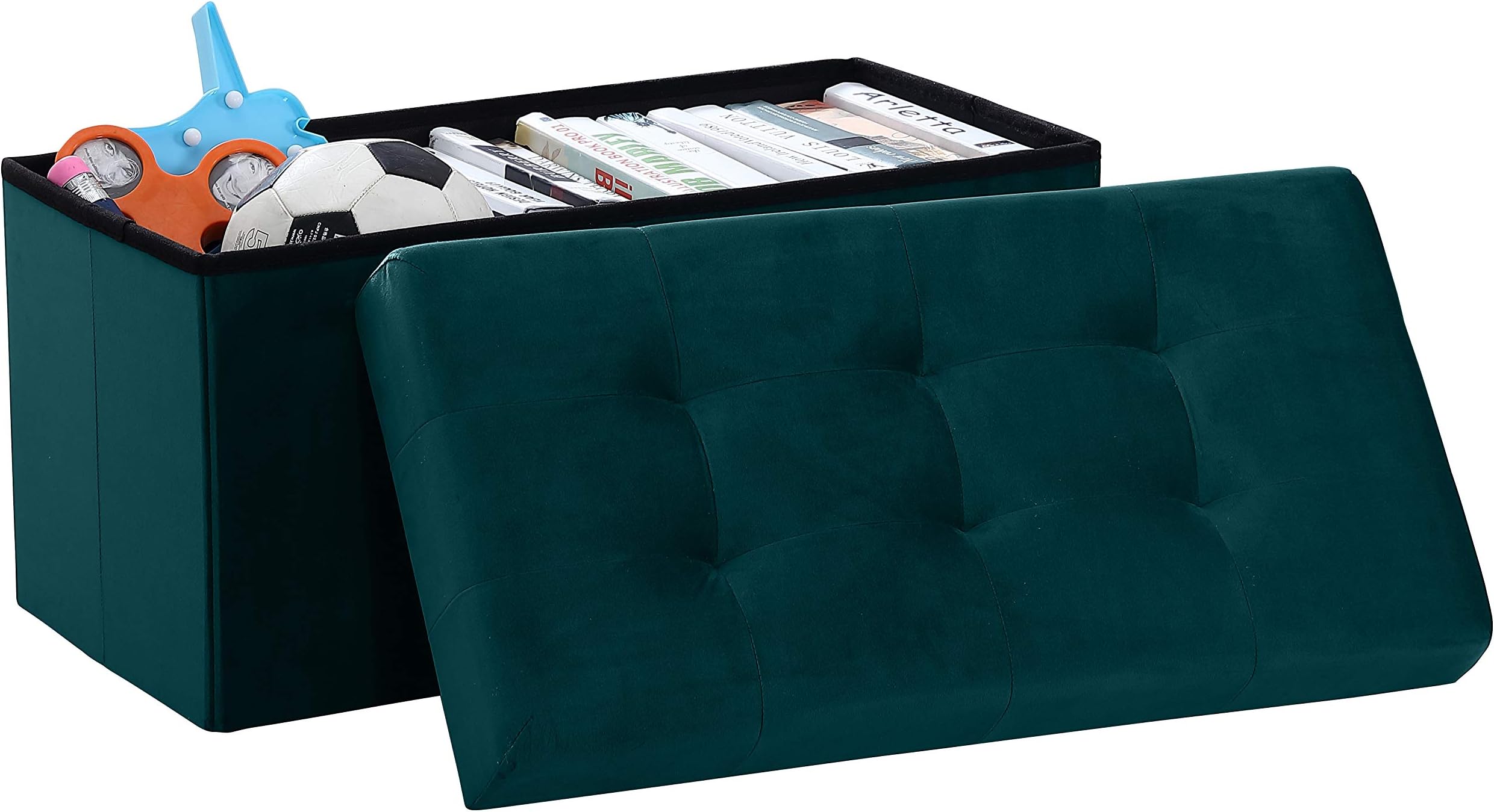 Ornavo Home Foldable Tufted Velvet Large Storage Ottoman Bench Foot Rest Stool/Seat - 15" x 30" x 15" (Teal Velvet)