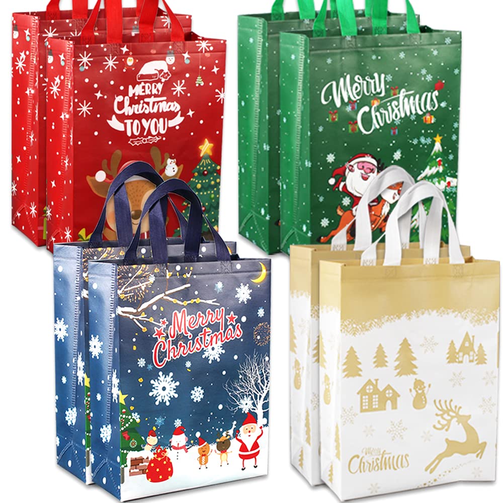 Volsha 8 Pack Christmas Reusable Grocery Bag,Large Tote Bag with Handle, Gift Present Bag, Shopping Bag for Holiday Xmas Event Party