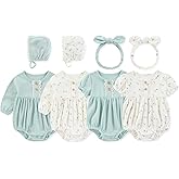 MAMIMAKA Newborn Baby Girl Clothes Cotton Bubble Rompers Infant Outfit Floral Long Short Bodysuit, 4 Pack