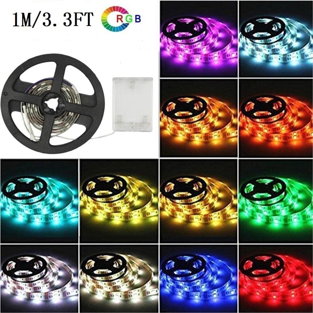 SurSynch Color Changing Led Flexible Light Strip Waterproof Battery-Powered Led Strip Lighting 30 LEDs 1M/3.3FT SMD 5050 DC 5V Flex Led Light Strip with Mini Controller for Cars TV Bed Wall