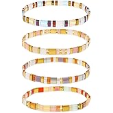 Tyebiva Tila Flat Beaded Bracelets Set for Women, 4Pcs Trendy Miyuki Glass Stack Beads Stretch Bracelet Outfit Accessories Jewelry Gift.