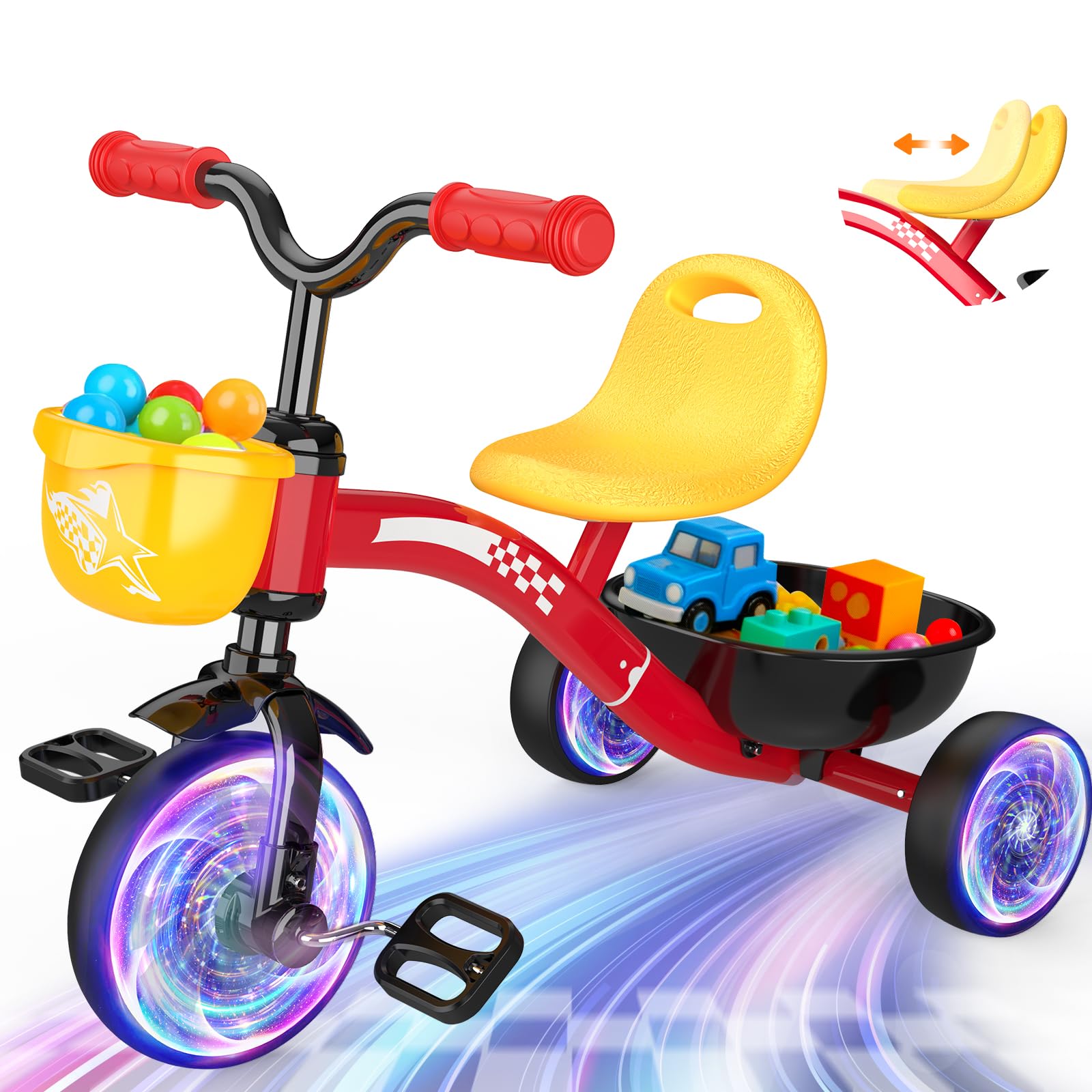 Kkdi Toddler Tricycle for 1-3 3-5 Year Olds, 2 3 4 5 Year Old Boys Girls​ Birthday Gifts, Toddler Baby Bike, Outdoor Toys for Ages 2-4, 4-Level Adjustable Seat, 3 Colorful Lighting Wheels, 2 Baskets Image