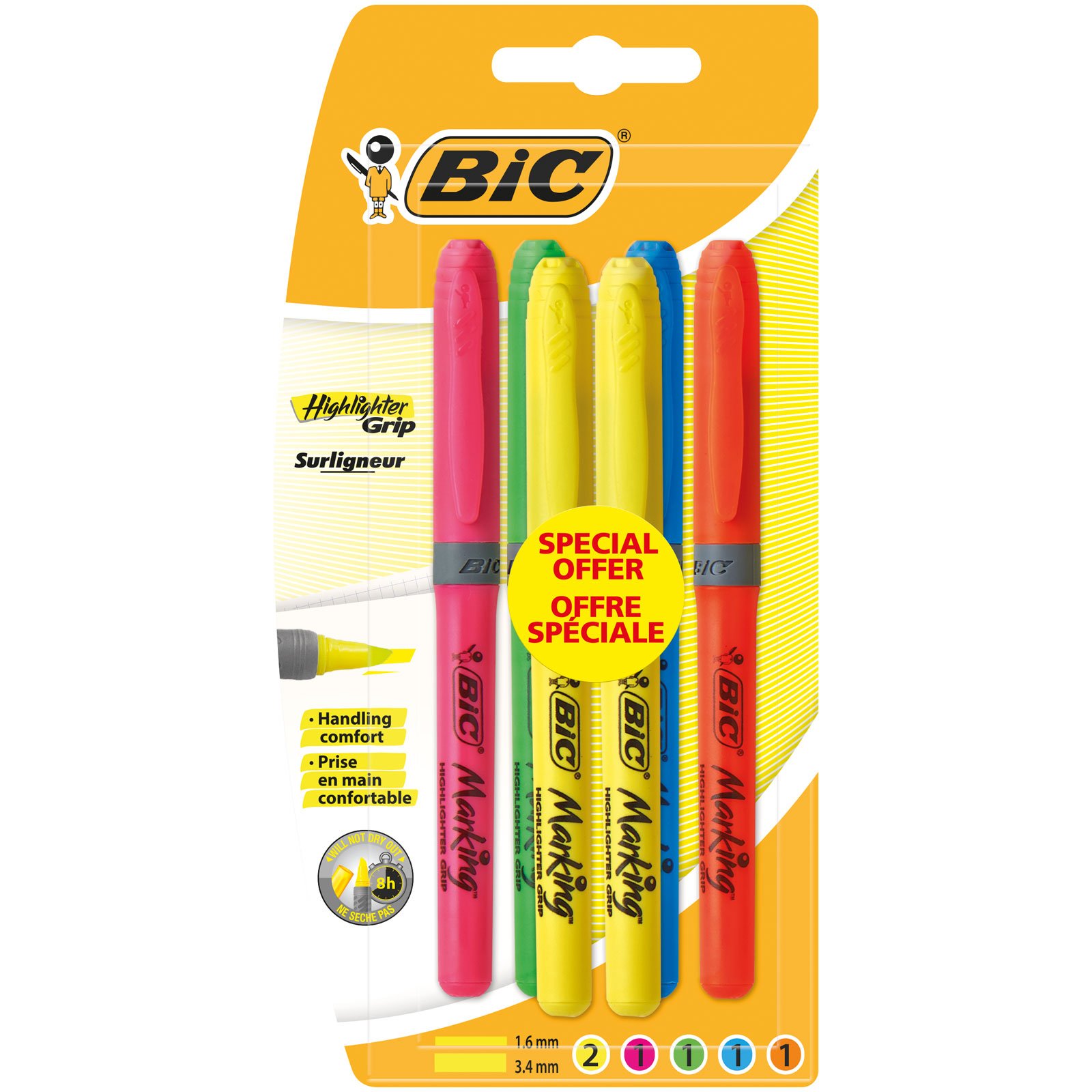 BIC Brite Liner Grip Highlighter-Assorted Colours (Pack of 6)