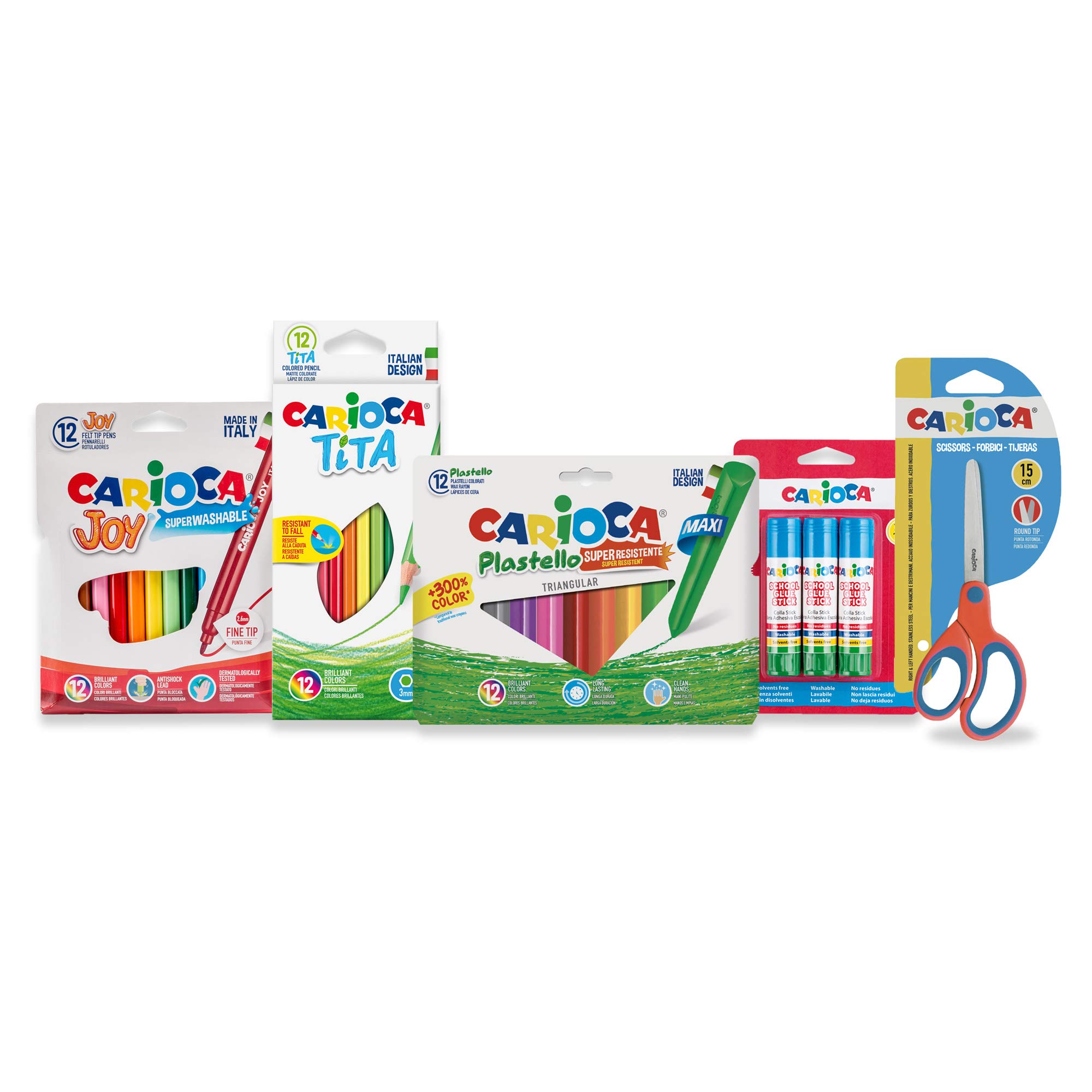 Carioca Set Tout pour EL Cole | School Supplies Kit: Super Washable Felt Tips, Coloured Pencils, Plastic Boxes, Glue and Scissors with Round Tip, 40 Units