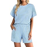Hilinker Womens 2 Piece Striped Pajamas Sets Short Sleeve Pj Tops and Shorts Loungewear with Pockets