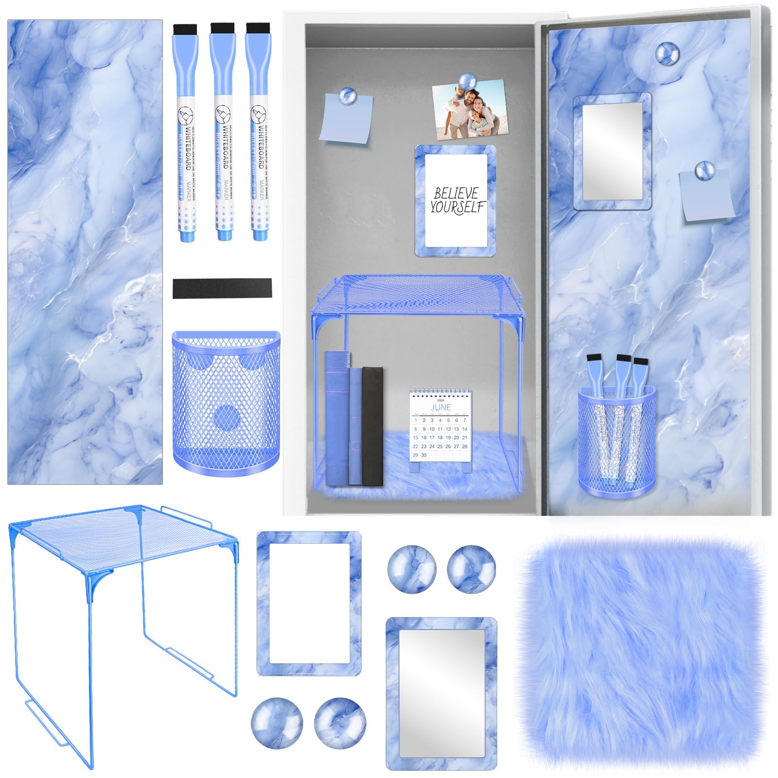Photo 1 of Blue Locker Accessories Kit Locker Organizer Magnetic Mirror Whiteboard Pen Holder Small Carpet for Storage Organizing Shelf Back to School Party Supply