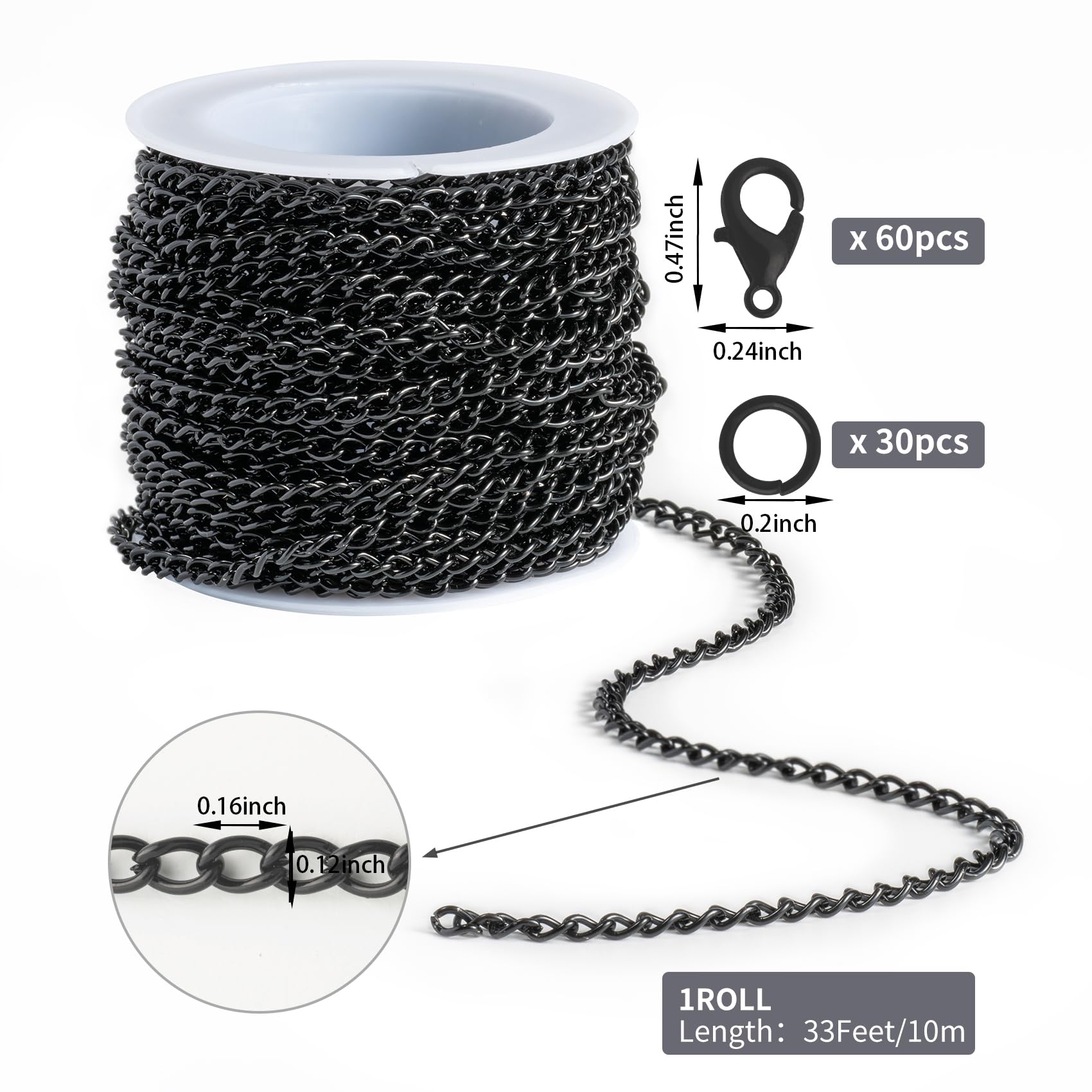 Lemonkey Lemonkey 33 Feet Metal Black Necklace Chains Curb Links Chains Bulk for Jewelry Making DIY Craft Kit with Lobster Clasps Jump Rings