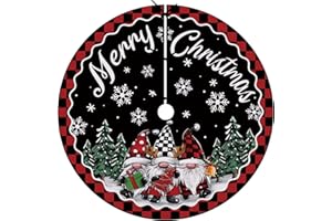 Fzbali Gnome Merry Christmas Tree Skirt, 48 Inches Lace-up Snowflake Red Black Checkered Xmas Tree Skirt, Winter Holiday Part