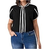 SHENHE Women's Plus Size Tie Neck Blouse Short Sleeve Dressy Business Casual Work Blouse Top