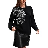 Froggirl Women's Floral Embroidered Crewneck Sweater Soft Knit Pullover Drop Shoulder Stylish Casual Top