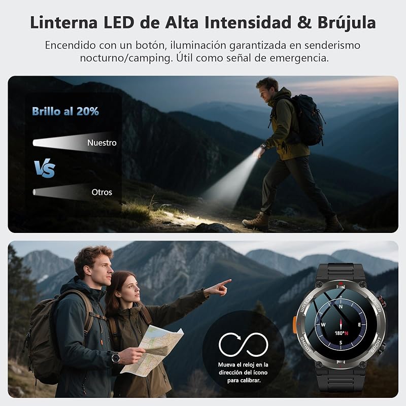 Reloj Inteligente Hombre con Llamadas con Linterna y Brújula, 960mAh Batería 1.45" Militar Smartwatch Hombre con,123 Modos Deporte,Monitor Cardíaco 24h/SpO2/Sueño,Podómetro,IP68,2Correas(iOS/Android)