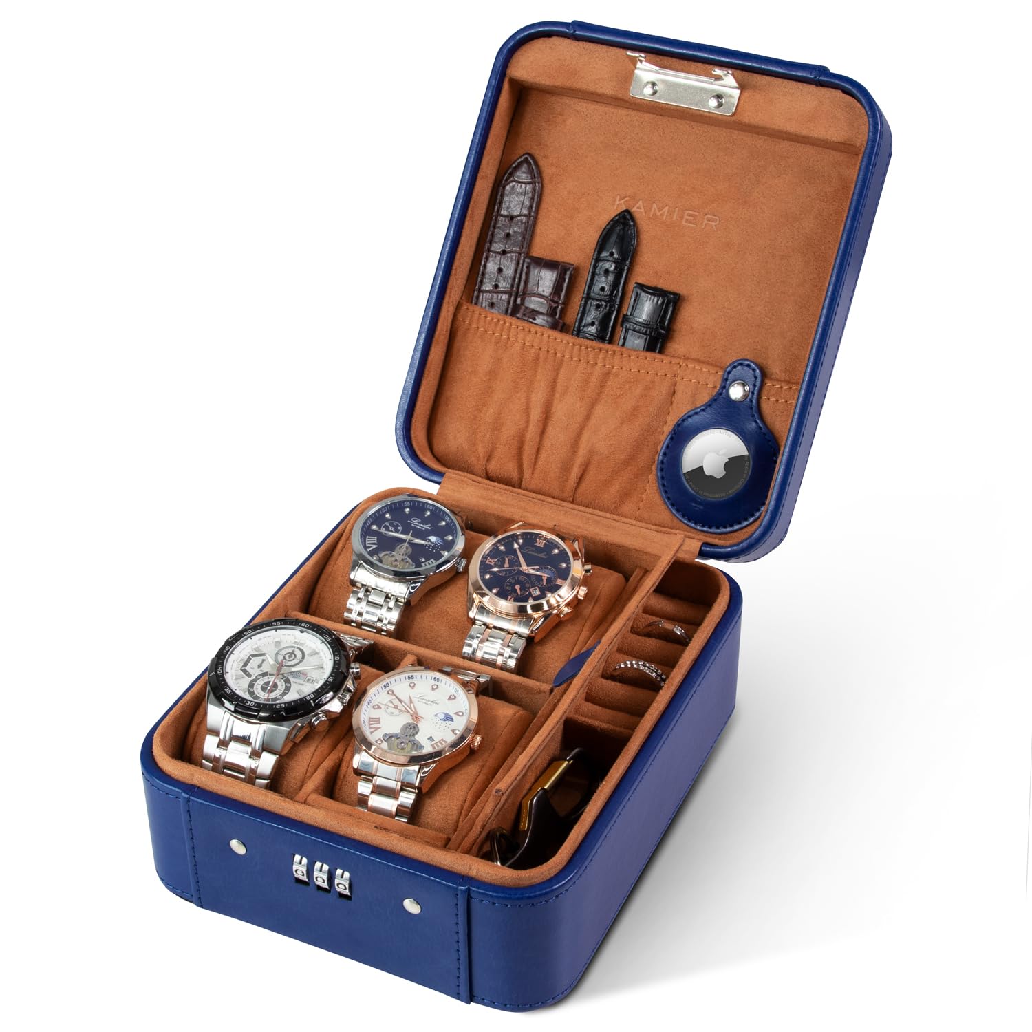 Photo 1 of KAMIER Watch Case with Combination Lock - 4 Watch Storage and Jewelry Organizer - Watch Travel Case for Ring and Watch Storage, PU Leather Travel Watch Case, Ideal for Gift (With Gift Box),Blue