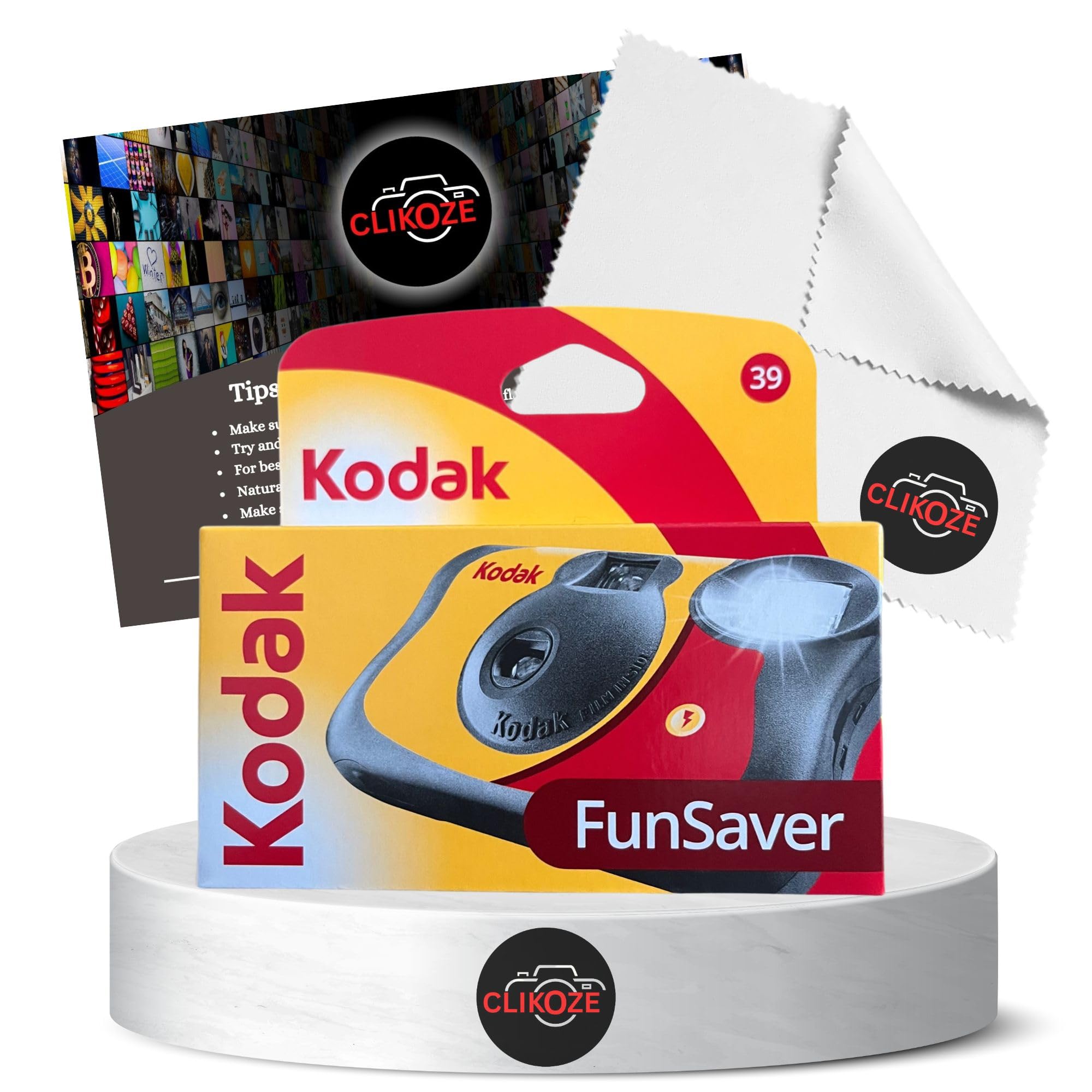 Disposable Camera Bundle with Kodak Funsaver 39 Exposure 35mm Film Single Use Camera and Clikoze Photography Tips Card and Lens Cleaning Cloth