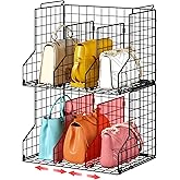 Sonyabecca Purse Organizer for Closet,2-Pack Adjustable&Stackable Purse Storage Organizer Dividers for Open Cabinets,Wire Storage Baskets for Purses/Handbags/Clutches-Black