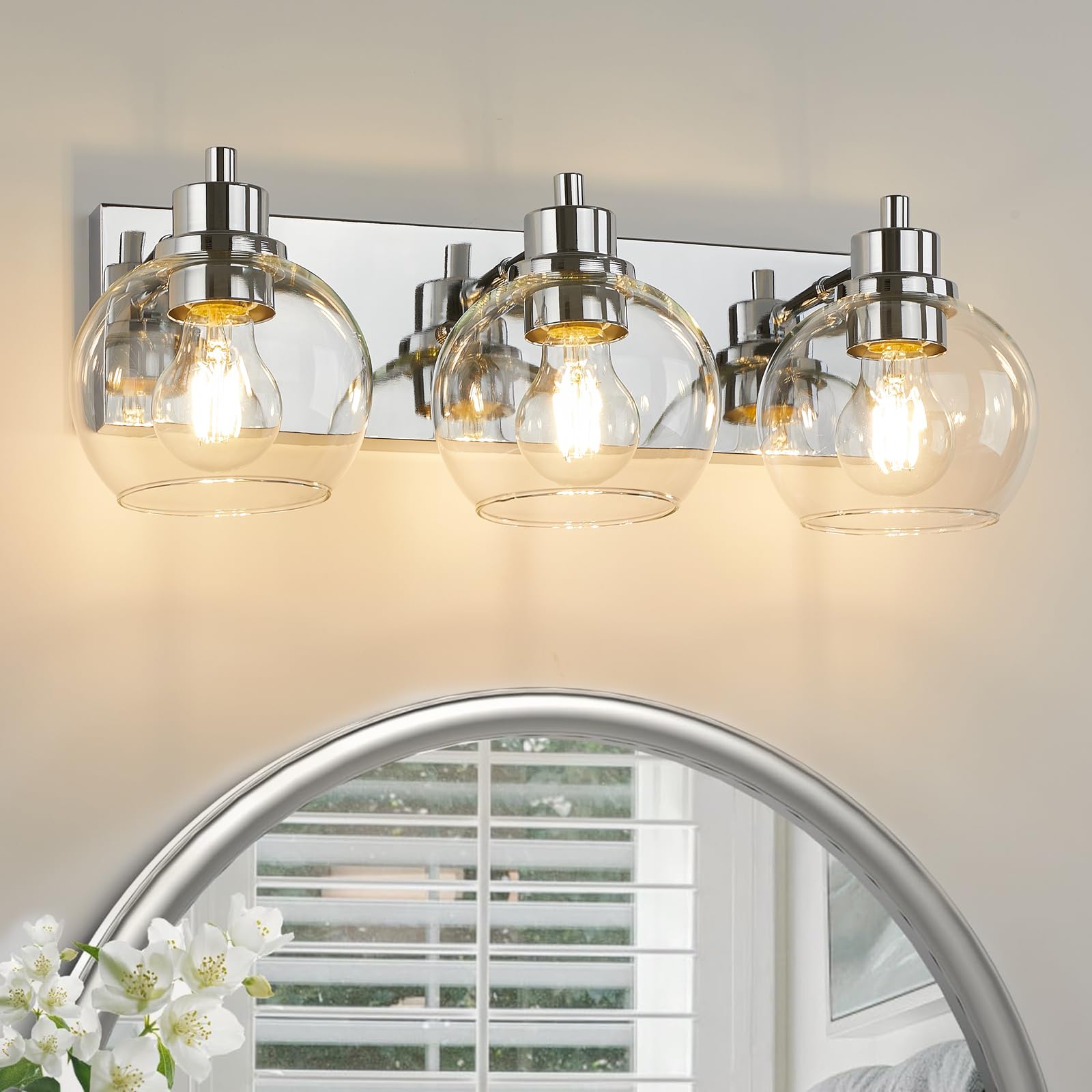 Photo 1 of Tuscarora Chrome Vanity Light Fixture - 3 Light Bathroom Vanity with Clear Glass Shade - Light Over Mirror for Bathroom Lighting