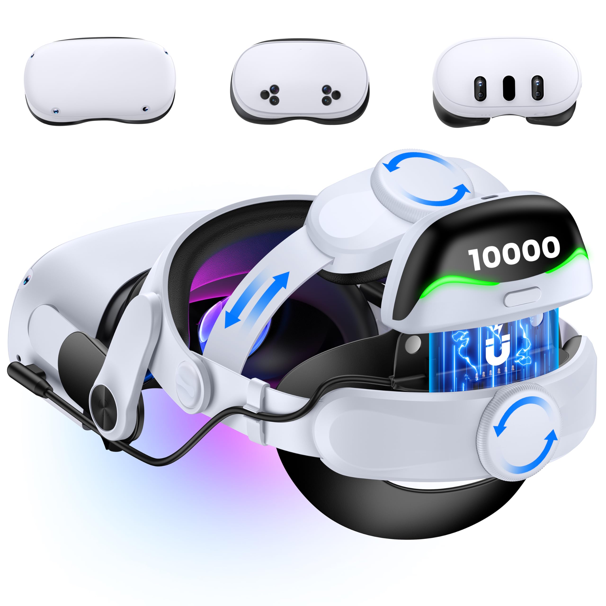 Kawaye Head Strap for Meta Quest 3S/3/2, 10000mAh Hot-Swap Batteries for Oculus Head Strap Extend 3-5Hrs,Dual Dial Adjustable VR Headset Strap for Weight Balance, Reduce Facial Stress Image