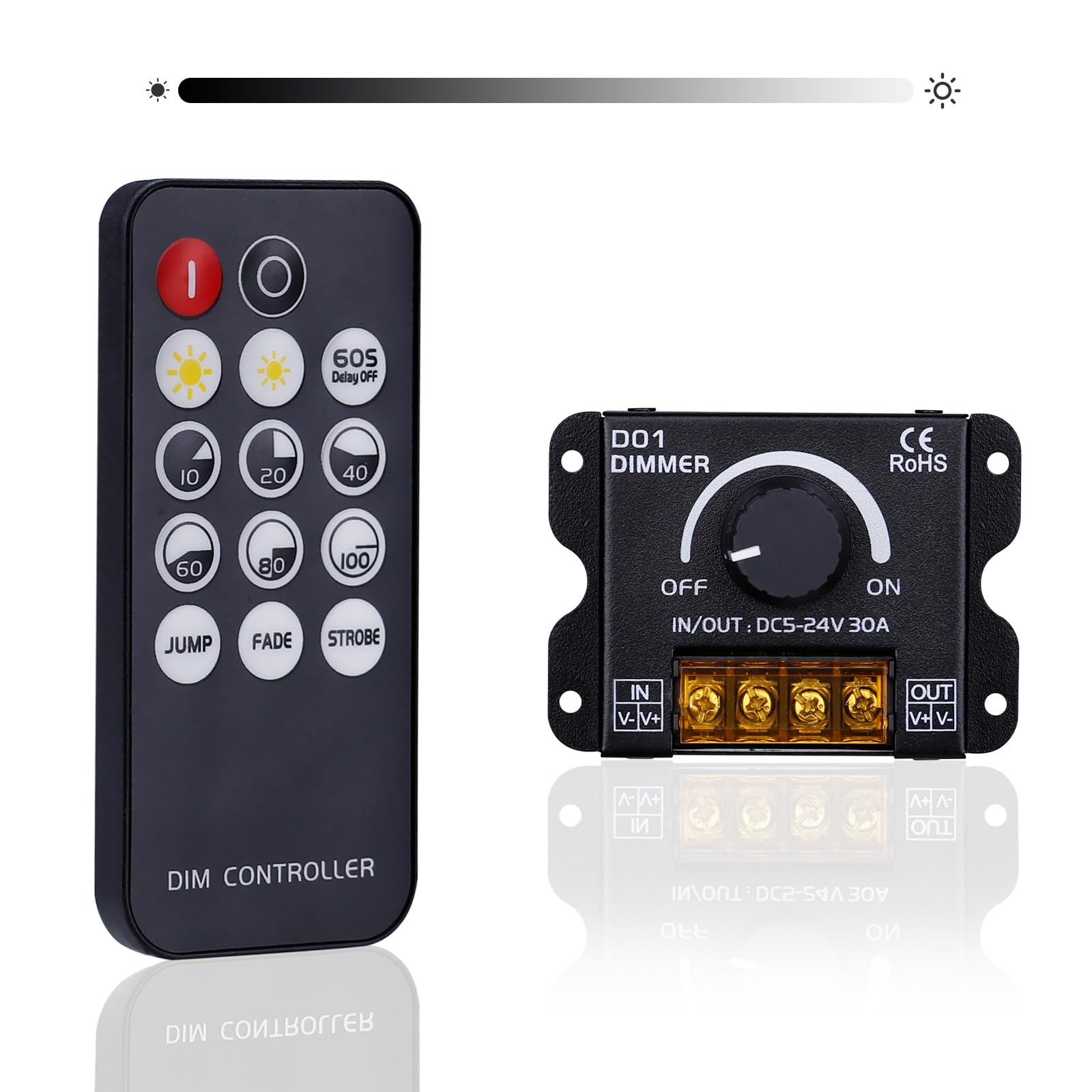 GOMING DC 5V 12V 24V 30A RF LED Light Strip Dimmer PWM Dimming Controller Wireless Control or Through The Knob to Adjust Brightness Suitable for LED Strip Lights