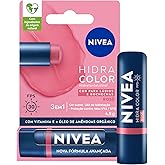 NIVEA Hidratante Labial Hidra Color 3 em 1 Rosé 4,8g, Cor Intensa, Hidratação 24h, Proteção UVA/UVB, Lábios e Bochechas