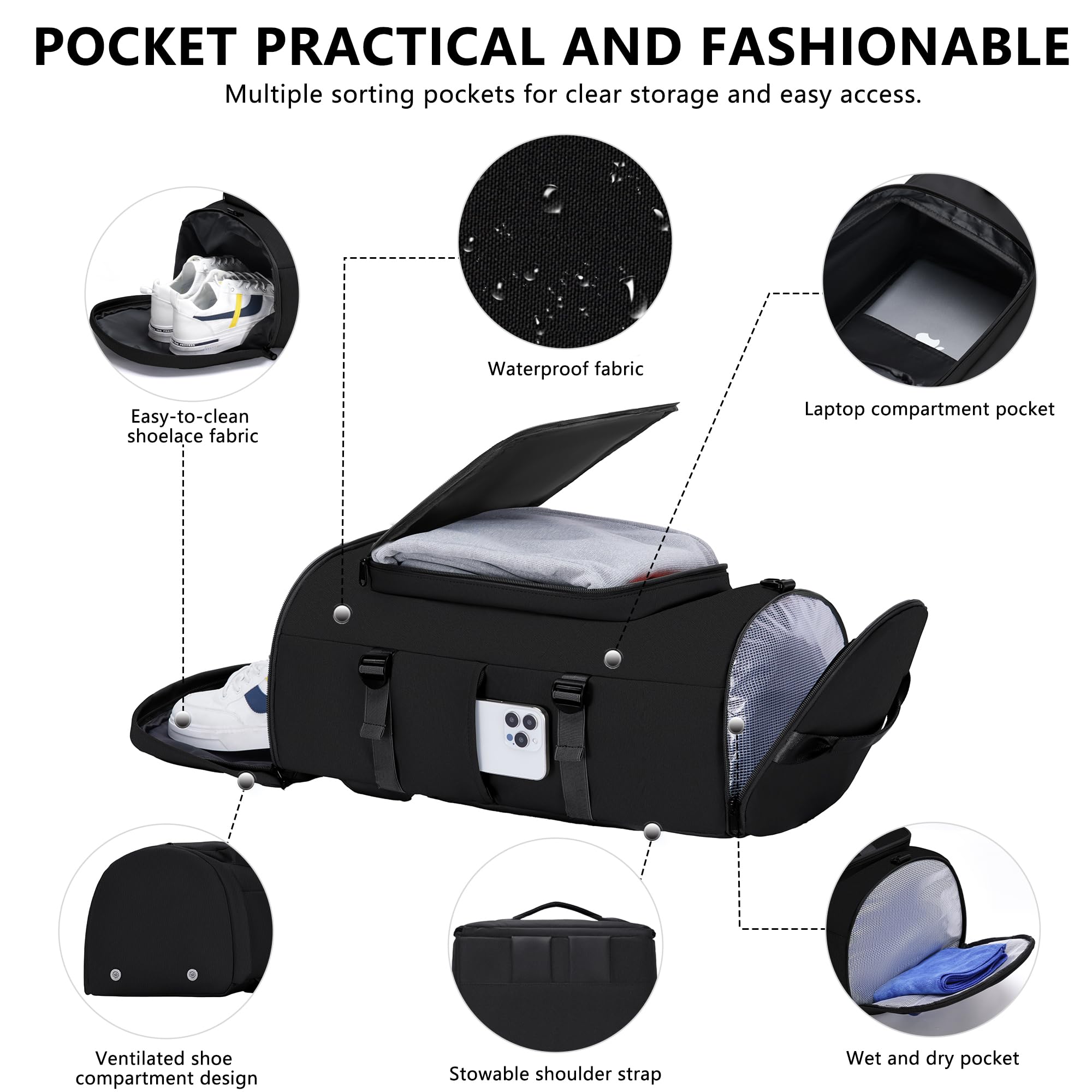MIYCOO Gym Bag for Men Women with Shoes Compartment - Duffle Bag, Travel Backpack, Sports Backpack, Weekender Overnight Bag with Wet Pocket - Black, MIYCOO