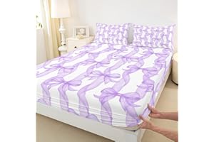 CASTLE FAIRY Bow Ribbon Fitted Sheet Full Size,Purple Bowknot Stripes Girl Bedding Sets 3Pcs for Kids Woman Youth Room Decor,Girly Butterfly Tie Bed Cover Dreamy Princess Style Deep Pocket Sheet,2 Pillowcases