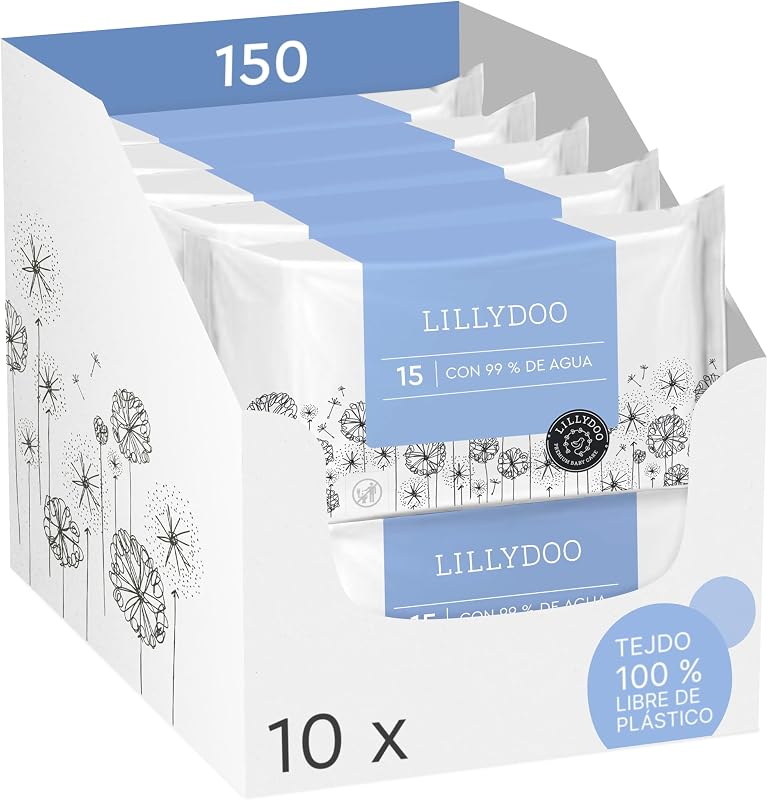 Lenços umedecidos LILLYDOO com 99% de água, 10 embalagens de 15 (150 unidades), 100% sem plástico, sem perfumes e macios como algodão e água