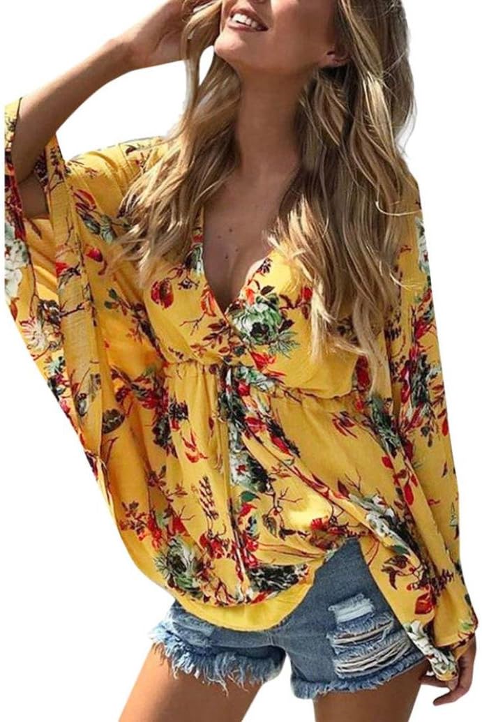 Yuutimko 2018 Women Boho Floral Batwing Sleeve Hight Waist Evening Party Beach Blouse Tops V Neck Polyester Long Sleeve Solid Color Casual Tops Shirts Blouse