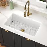 GHOMEG White Undermount Kitchen Sink 30 Inch Porcelain Sink Single Bowl | 30"x18"x10" Dual Mount Ceramic Kitchen Sinks with Gold Drain Set
