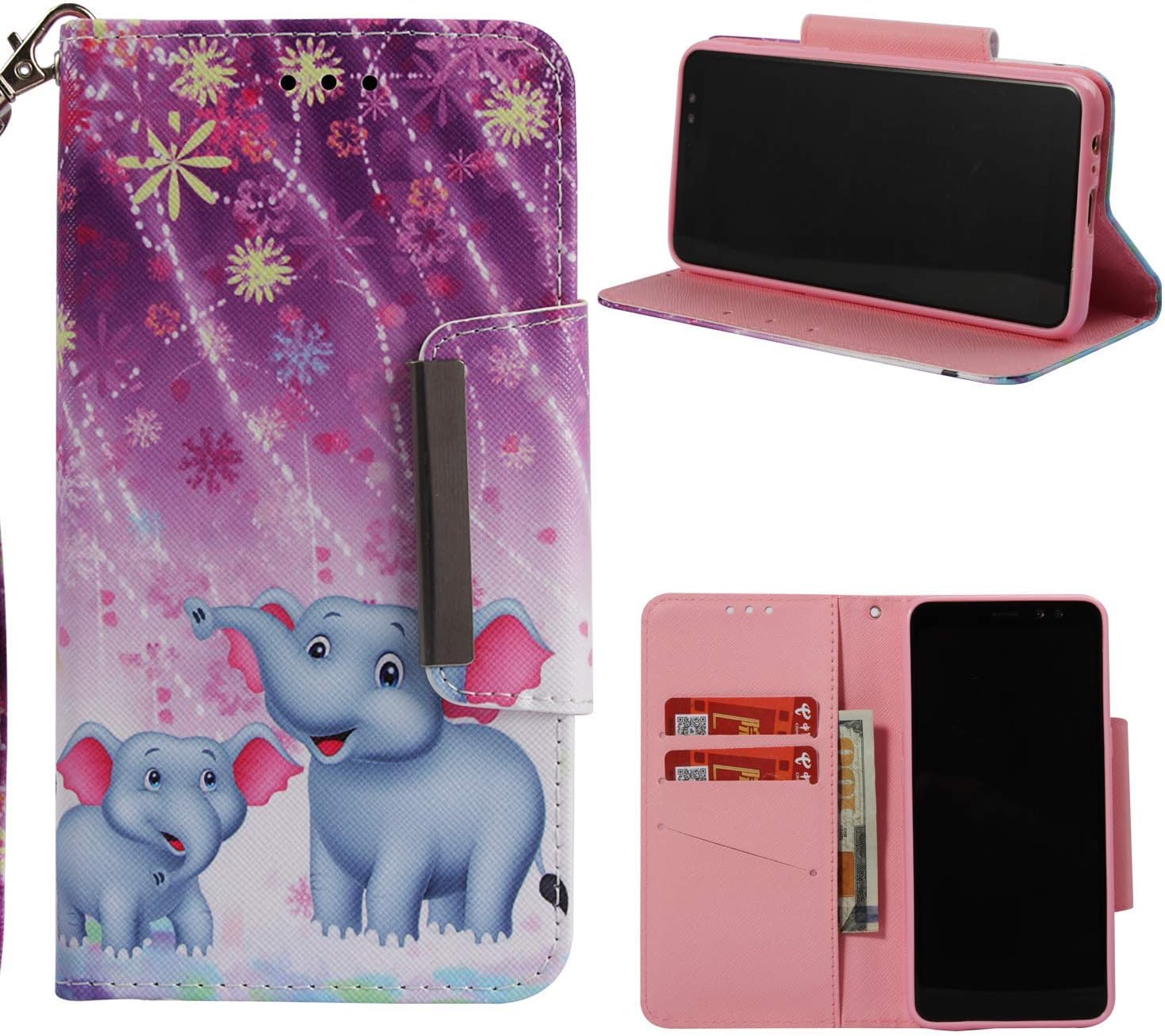 NVWA Compatible Huawei Y5 2018 Case,Honor 7S / Y5 Prime 2018 Phone Case Leather Wallet Kickstand Wrist Strap Credit Card Slot Flip Full Body Protective Cover Magnetic Stand Purple Fireworks Elephant