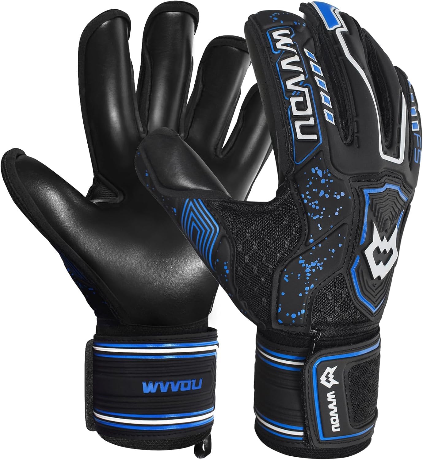 WVVOU Torwarthandschuhe Kinder und Herren Größe 9 Schwarz, Abnehmbarer Fingersave, 4+3 mm Latex, rutschfest, Fußball-Training und Spielbetrieb, Atmungsaktives Netz