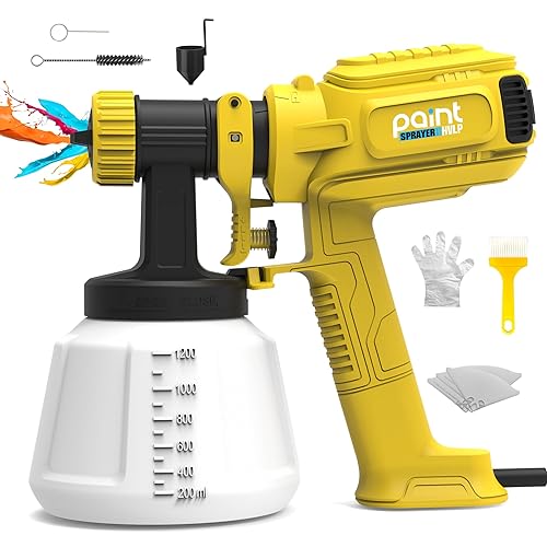 800W HVLP Paint Spray Gun, Ultra-Light Electric Paint Sprayer w/1200ML Container, 4 Nozzles, 3 Patterns, Fence Paint Sprayer for Walls, Ceilings, Sheds, Decks, Furniture, Cabinets, DIY (Yellow)