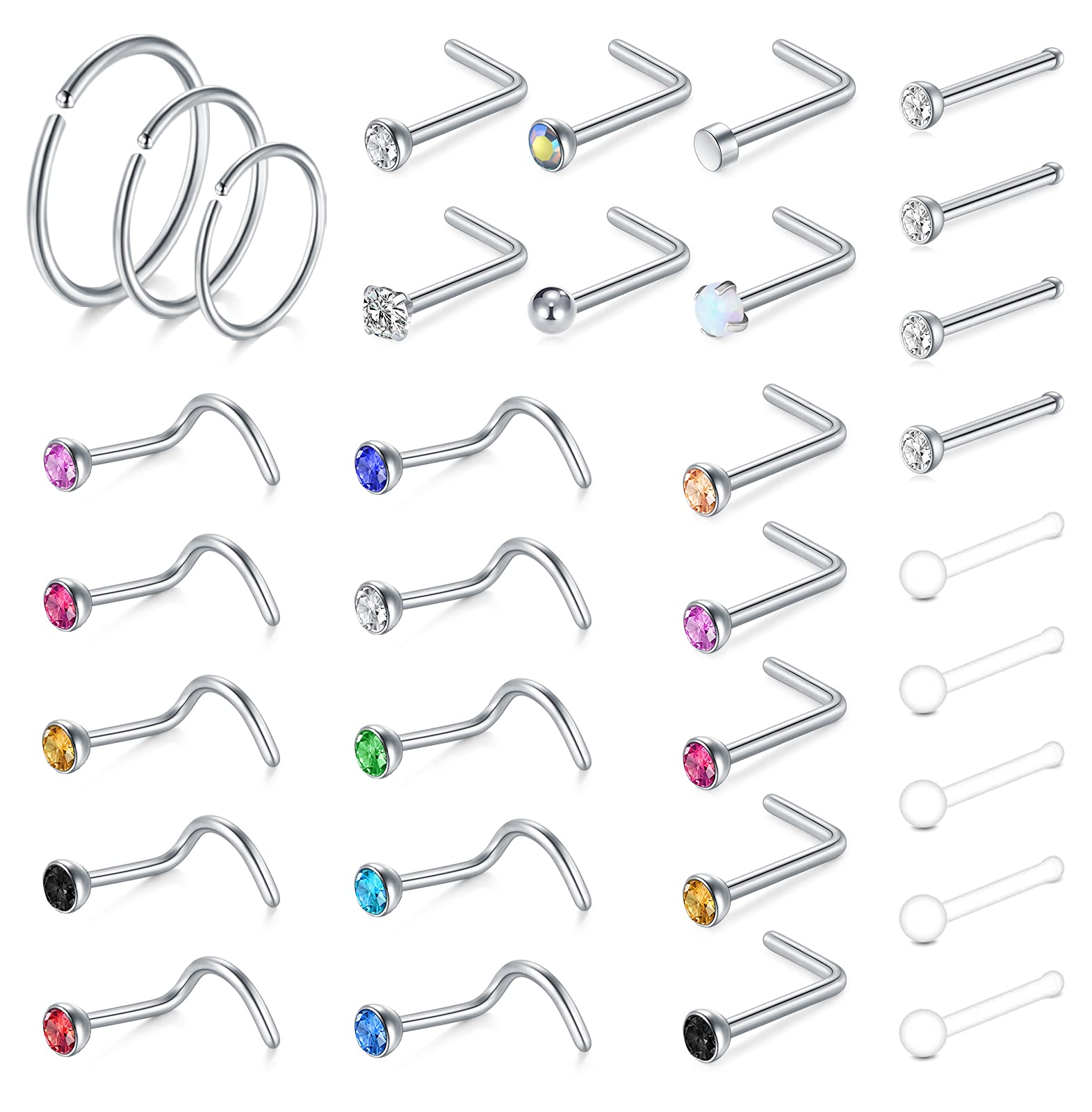 Icaton 20G Nose Studs Rings Surgical Steel CZ Screw L Shaped Nose Piercing Jewellery for Women Men 33Pcs