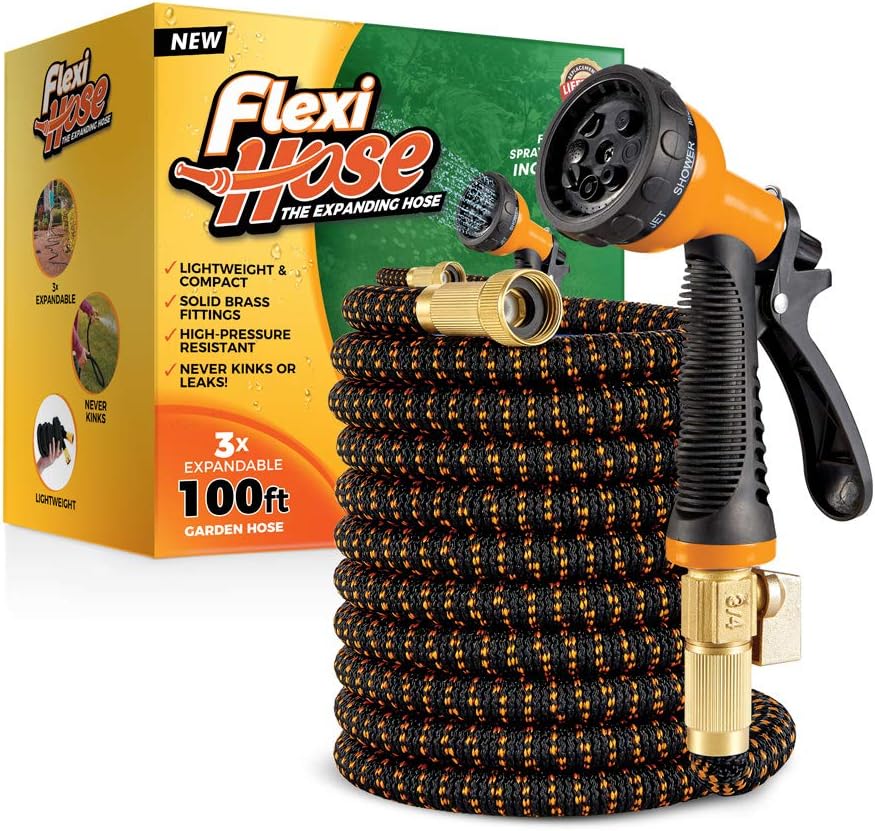 Flexi Hose Lightweight Expandable Garden Hose | No-Kink Flexibility - Extra Strength with 3/4 Inch Solid Brass Fittings & Double Latex Core | Rot, Crack, Leak Resistant (100 FT, Orange/Black) : Garden & Outdoor