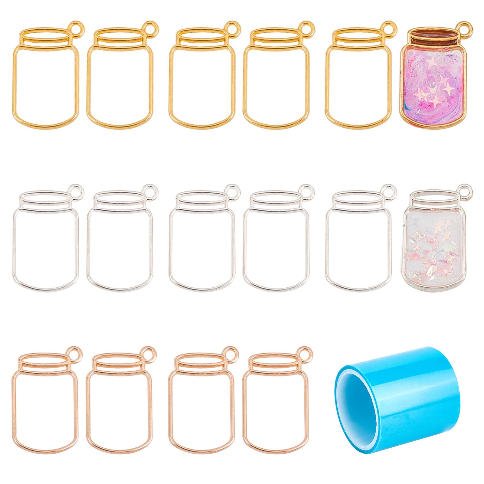 OLYCRAFT 24pcs Open Back Bezel Pendants - Alloy Frame, Hollow Resin Frames with Roll Seamless Paper Tape - 3 Colors