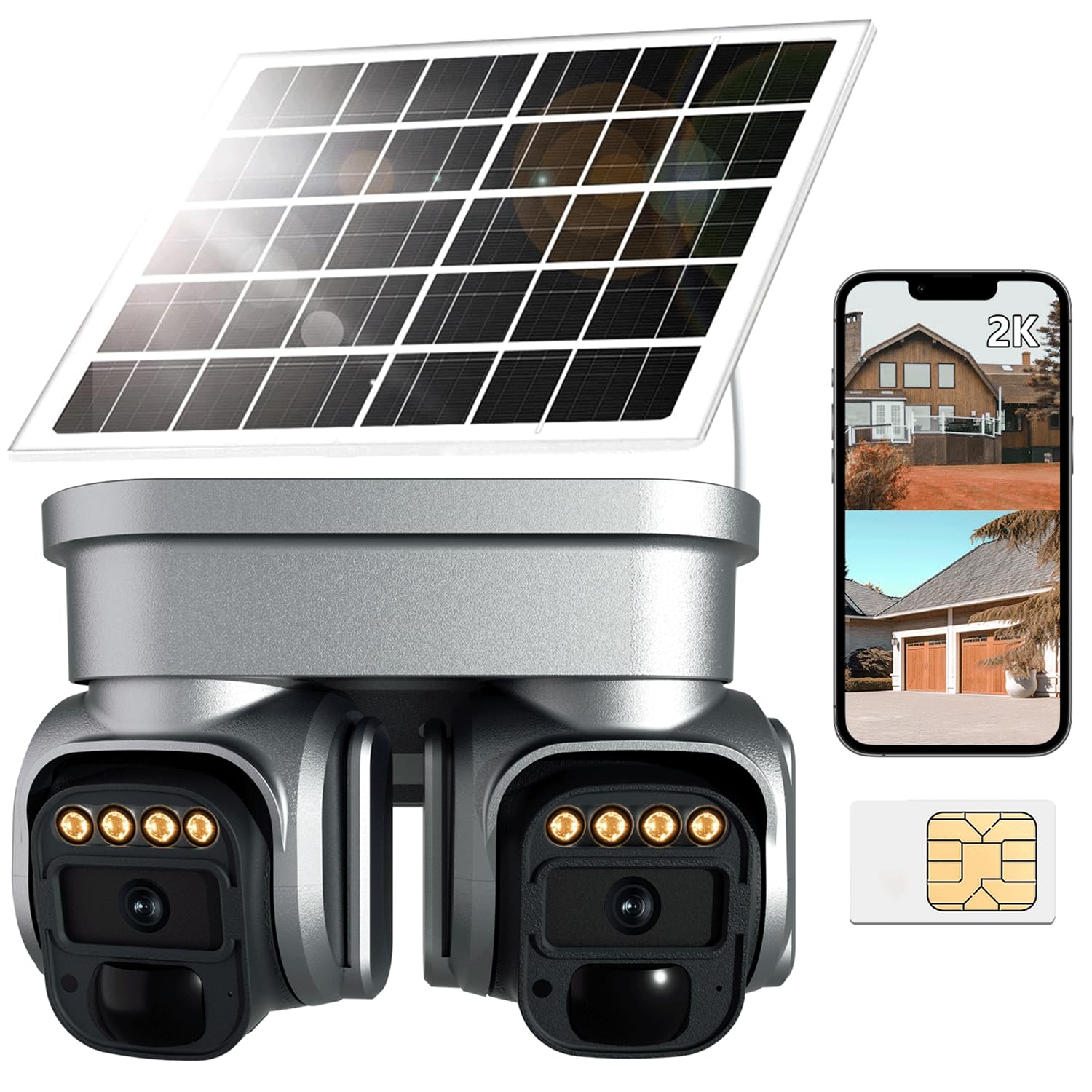 Photo 1 of 4G LTE Solar Security Camera Outdoor, No WiFi Needed, Dual Lens 360° View, 2K Color Night Vision, Cellular Security Cam with Built-In SIM, PIR Motion Alerts, 2-Way Talk, IP66 Waterproof, Solar Powered