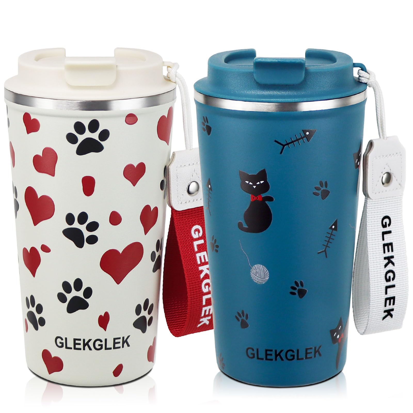 GLEKGLEK Travel Coffee Mugs 500ml, Double Walled Insulated Drink Cup 2 Pack, Cat and Dog Print for Him Her
