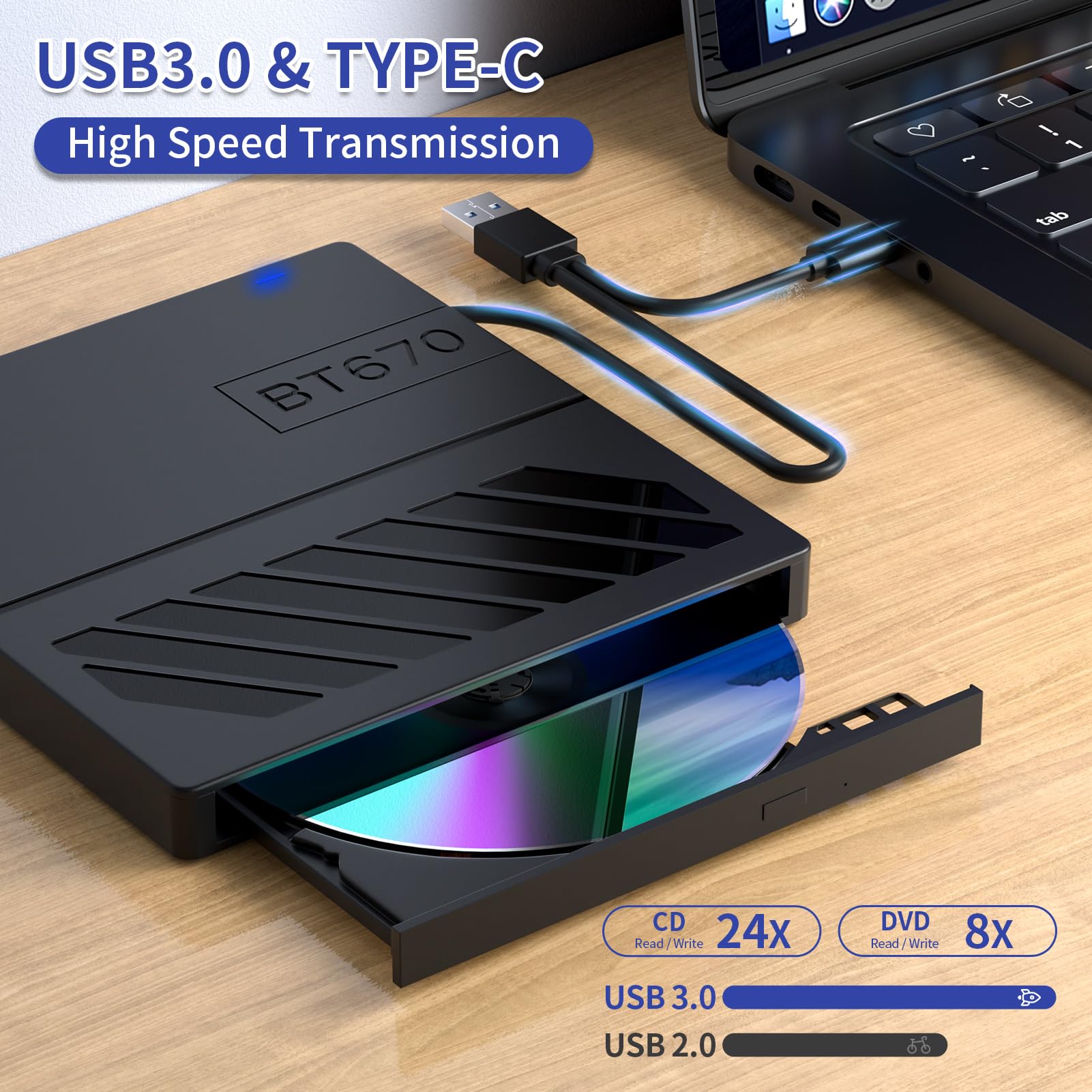 APPINESSEY External CD/DVD Drive for Laptop, 7 in 1 USB Ultra-Slim Portable CD/DVD Player Burner, Slot Type CD ROM Burner Writer External Disk Drive Compatible with Laptop PC MacBook Windows Linux