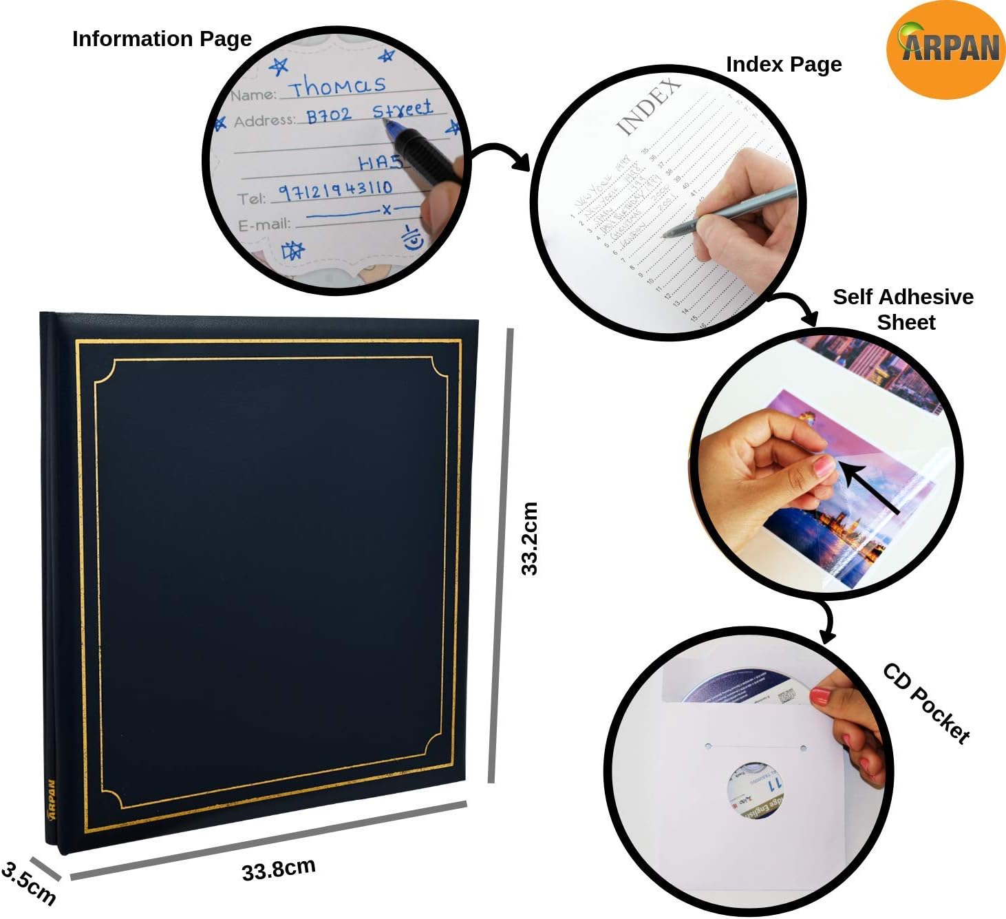 ARPAN 3 x Extra-Large 32x26cm Self Adhesive Photo Album Totaling 72/Sheets 144/Sides Leather Look Padded Cover Post bound (Blue) - Image 4