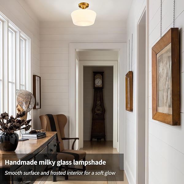 YOUNGRENDER SCHOOLHOUSE LIGHT FIXTURE MODERN GOLD CEILING LIGHT,SEMI FLUSH MOUNT CEILING LIGHT,12”WIDE OPAL MILK GLASS SHADE,BRASS VINTAGE LIGHT FOR FARMHOUSE BEDROOM KITCHEN HALLWAY ENTRYWAY