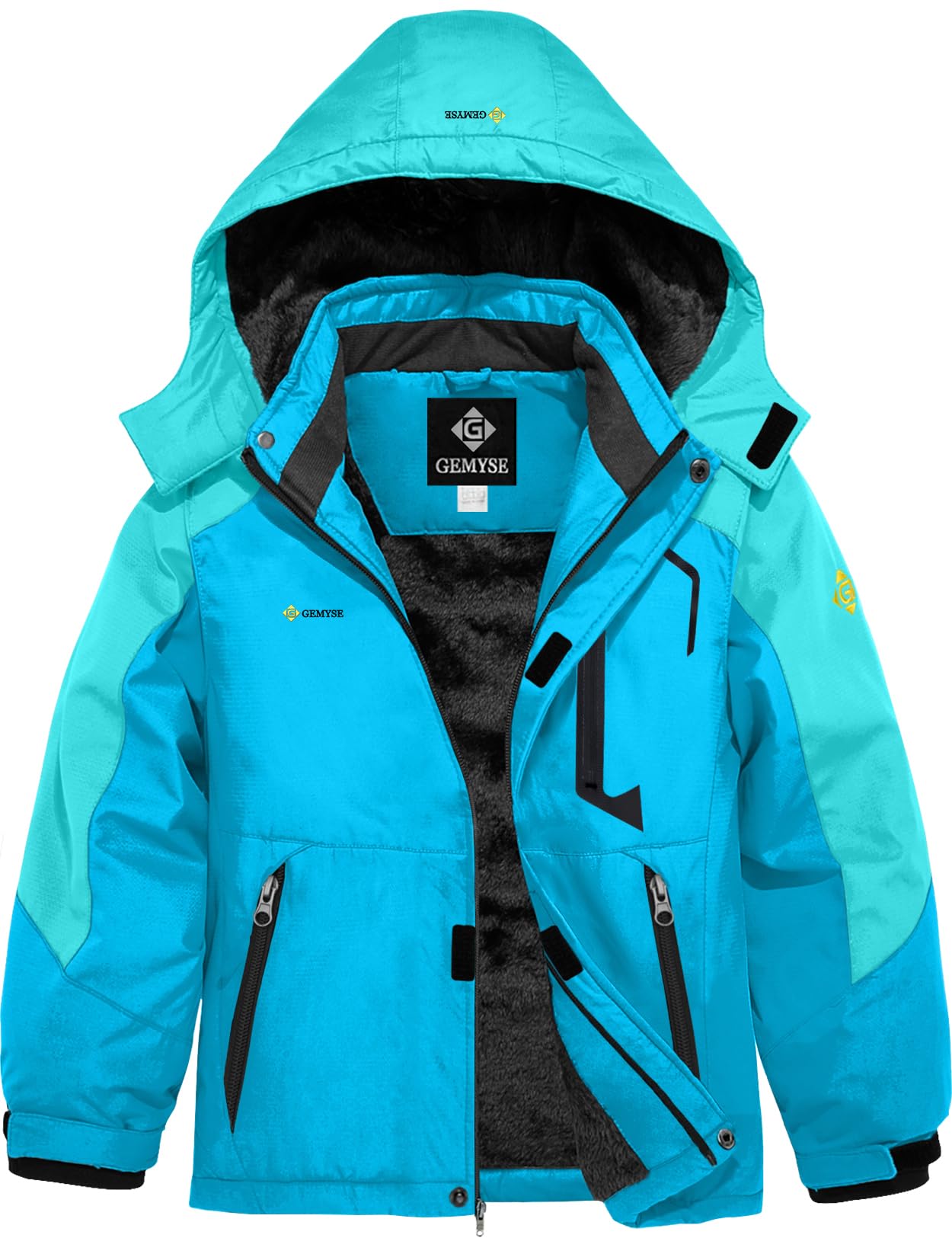 GEMYSE Boy's Waterproof Ski Snow Jacket Hooded Fleece Windproof Winter Jacket (Atlantis Green and Sky Blue,10/12) Image