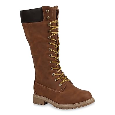 Stiefelparadies Damen Stiefel Worker Boots mit Blockabsatz Profilsohle Flandell