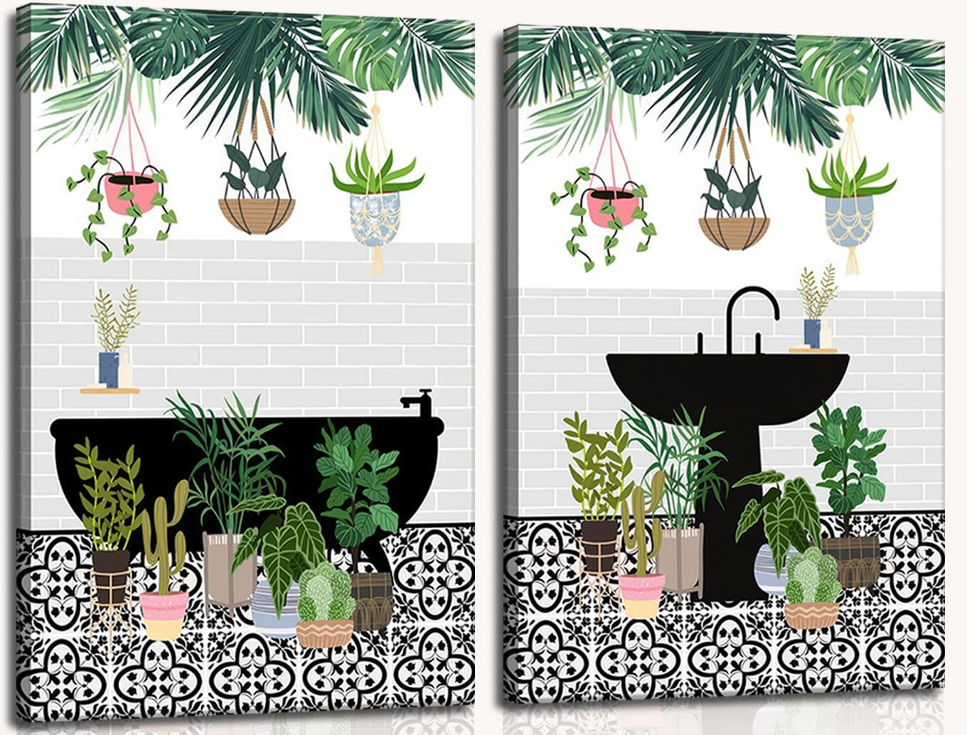 Photo 1 of 2Pcs Bathroom Tropical Botanical Canvas Wall Art Modern Toilet Sink Bathtub Plants Flowers Wall Decor Pictures Trendy Bath Hanging Posters Prints for Restroom Toilet Bedroom Decoration