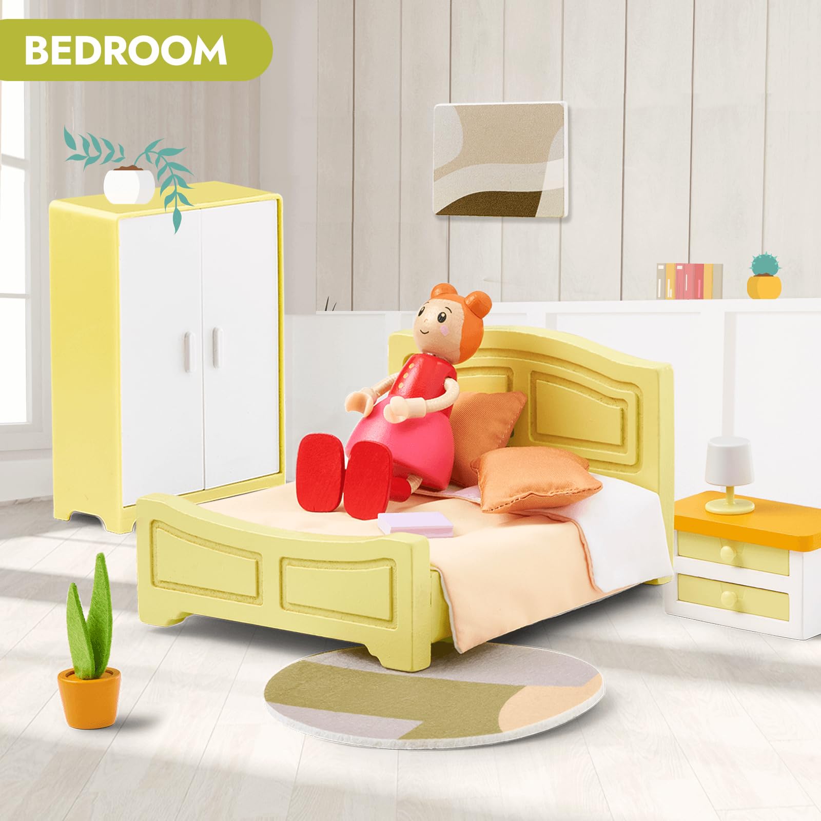 Giant bean 85pcs Wooden Plastic Dollhouse Furniture Set for 6 Rooms, Modern Dollhouse Accessories Pretend Play Furniture Toys for Boys Girls Toddlers & Kids 3 4 5 6 7 Years and up